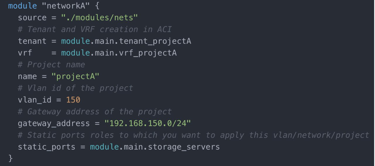 Пример module instance-а для создания сети в ACI